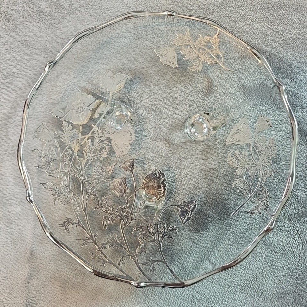 Mid Century Sterling Silver Overlay Flanders Poppy Glass 7.5" Plate Swirl Footed